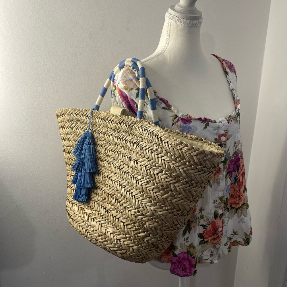 Large Fallon & Royce Straw Beach Tote with Blue Tassel